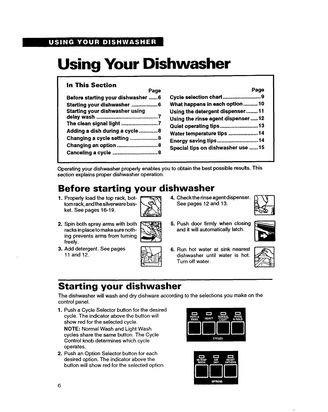 Whirlpool DISHWASHERS manual Using Your Dishwasher, Before starting your dishwasher, Starting your dishwasher, This 