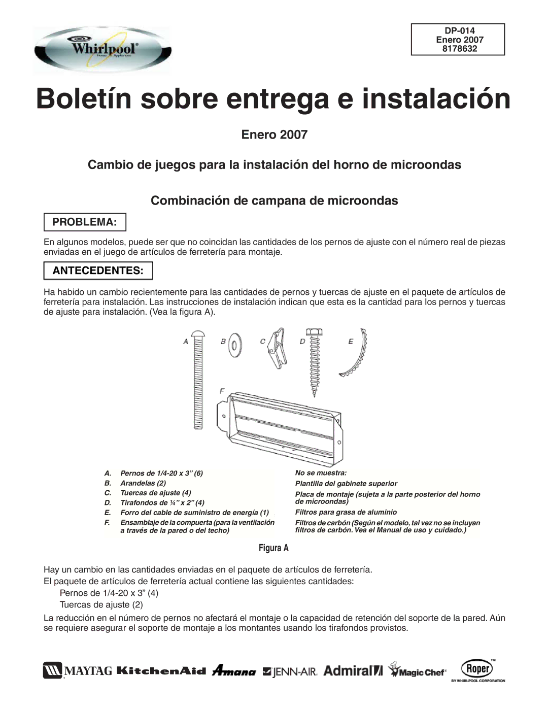 Whirlpool DP-014 installation instructions Boletín sobre entrega e instalación, Problema, Antecedentes 