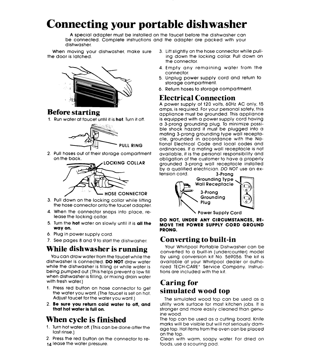Whirlpool DP1098XR Series Before starting, While dishwasher is running, When cycle is finished, Electrical Connection 