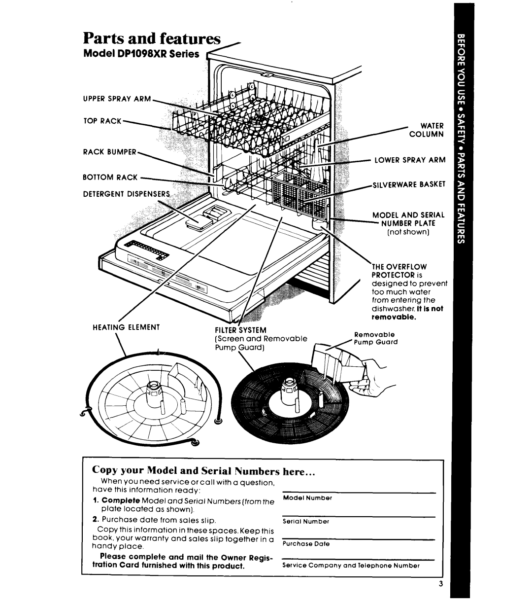 Whirlpool DP1098XR Series manual Parts and feat-u, Upper Spray ARM Rack Bumper Bottom Rack, Heating Element Filter System 