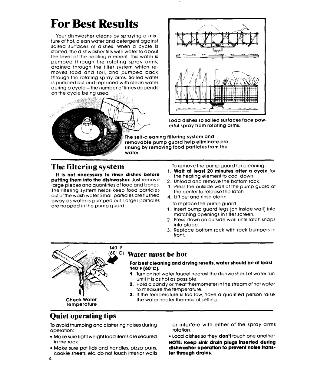 Whirlpool DP1098XR Series manual Filtering system, Quiet operating tips 