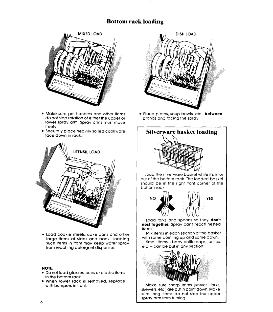 Whirlpool DP1098XR Series manual Bottom rack loading, Silverware basket loading 