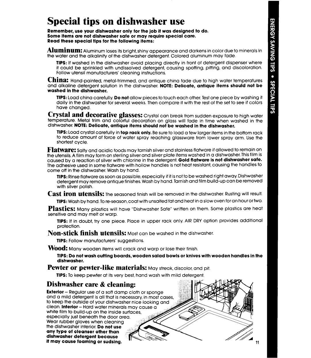 Whirlpool DP3000XR Series manual Special tips on dishwasher use, Non-stick, Dishwasher care & cleaning 