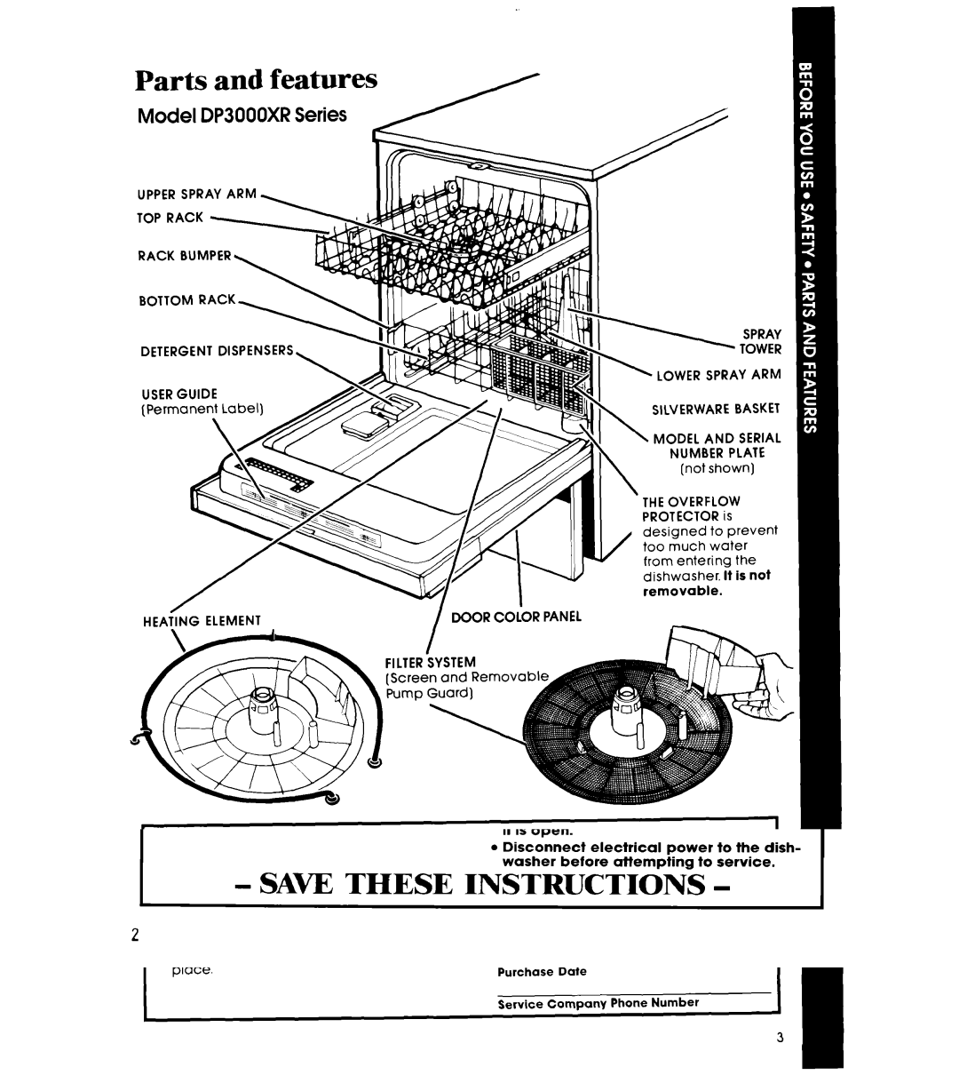 Whirlpool DP3000XR Series manual Model, Overflow, Door Color Panel Filterisystem 