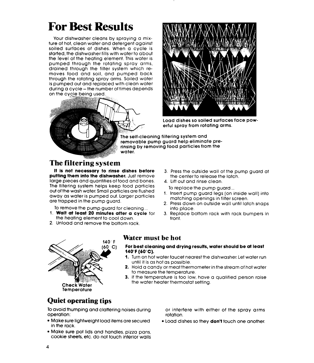 Whirlpool DP3000XR Series manual Filtering system, Quiet operating tips 