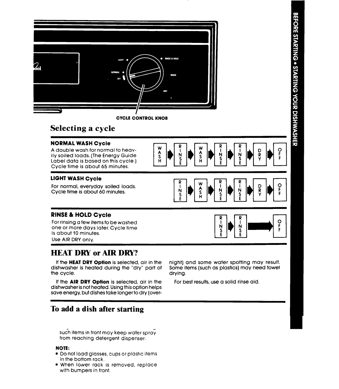 Whirlpool DP3000XR Series manual Selecting a cycle, To add a dish after starting, Cycle Control Knob 