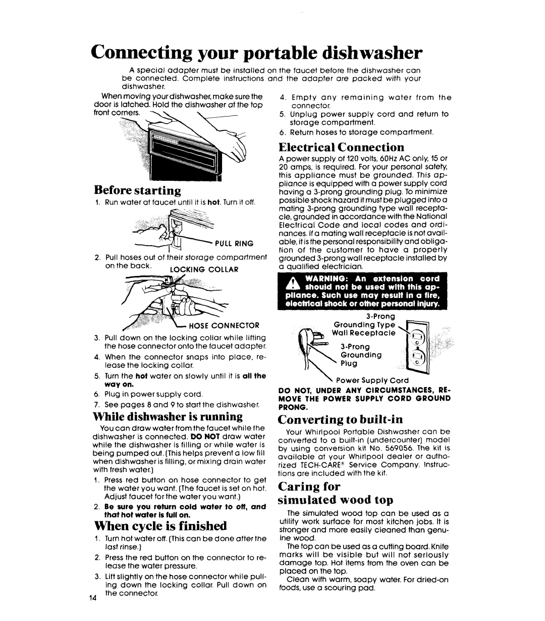 Whirlpool DP3000XR Series manual Connecting your portable dishwasher, When cycle is finished, Before starting 