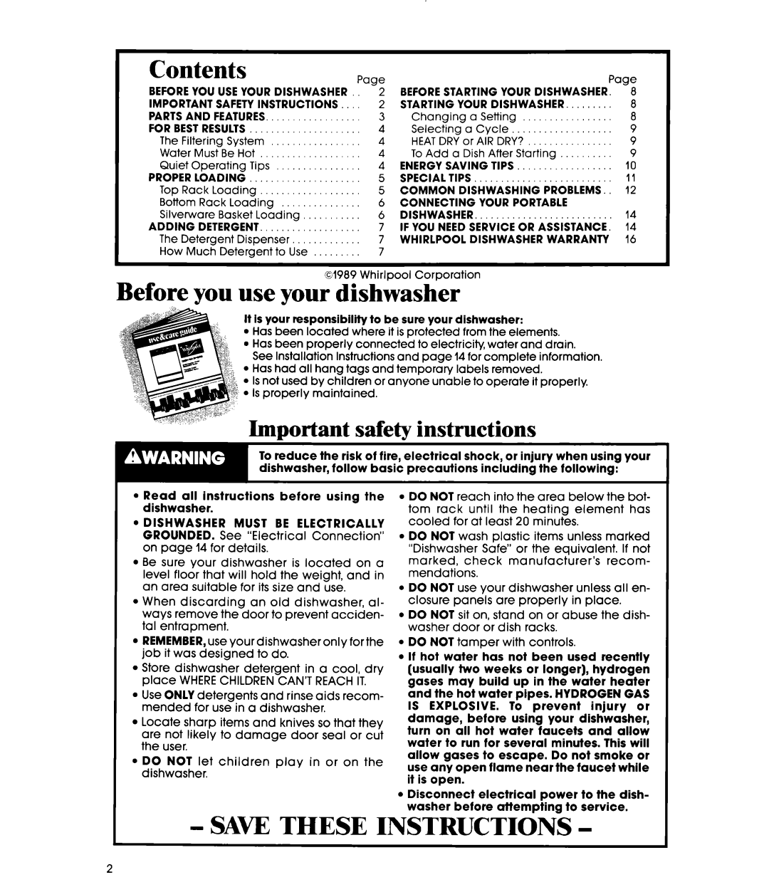 Whirlpool DP3000XR Series Contents, Before you use your dishwasher, Save These Instructions, Important safety instructions 