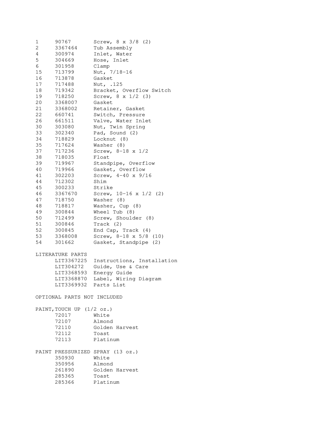 Whirlpool DP3000XRN4 manual Literature Parts 