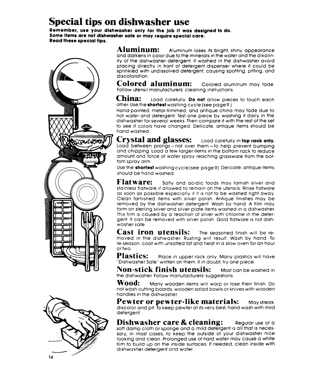 Whirlpool DP3840XP manual Special tips on dishwasher use 