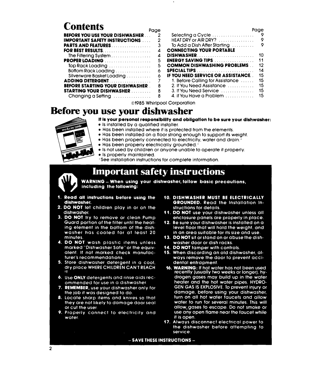 Whirlpool DP3840XP manual Contents 