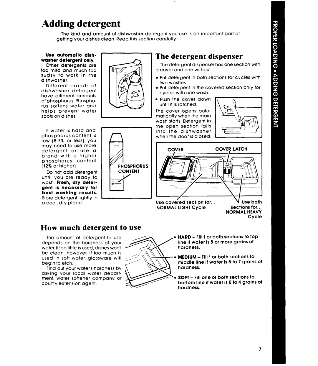 Whirlpool DP3840XP manual Adding detergent, Detergent dispenser, How much detergent to use 