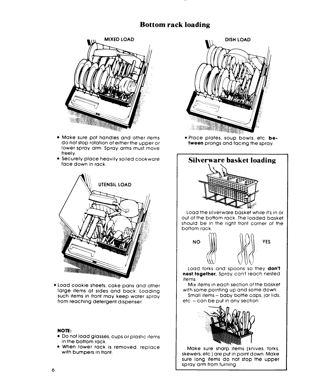 Whirlpool DP3840XP manual Bottom rack loading, Silverware basket loading 