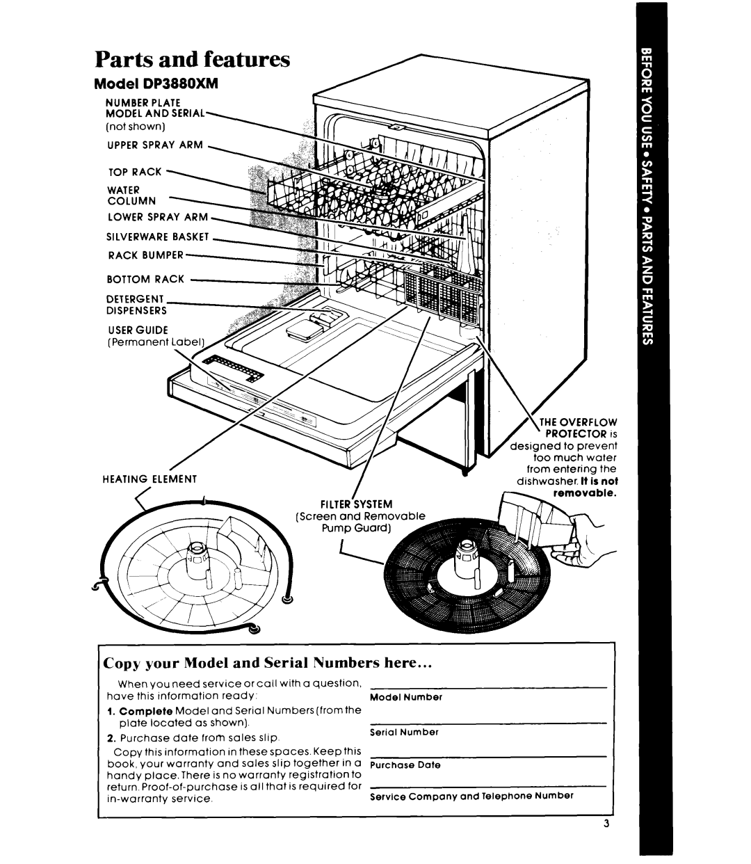 Whirlpool DP3880XM manual Parts and features, Copy your Model and Serial Numbers here, Filter System 