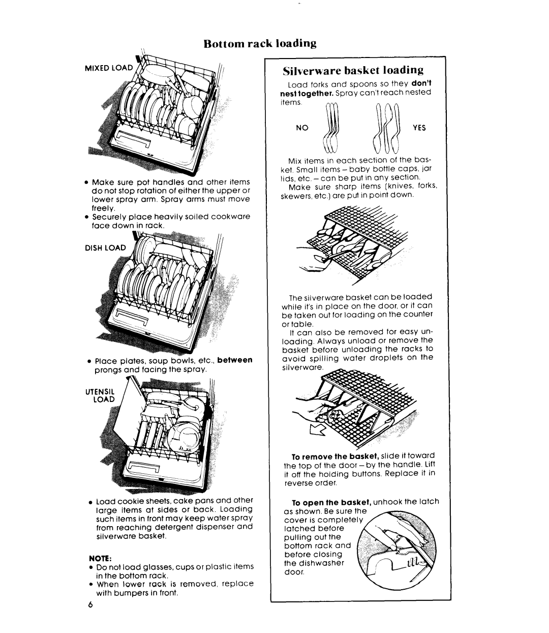 Whirlpool DP4800XS manual Bottom rack loading Silverware basket loading 