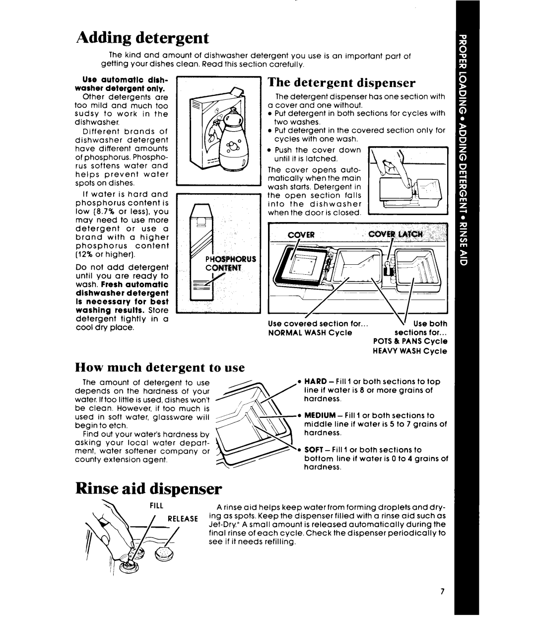 Whirlpool DP4800XS manual Adding detergent, Rinse aid dispenser, Detergent dispenser, How much detergent to use 