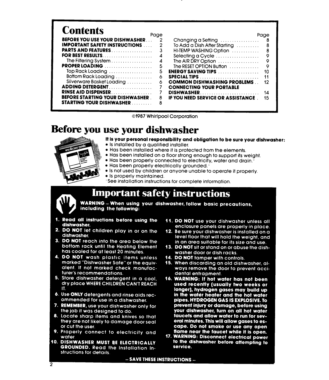 Whirlpool DP4800XS manual Contents, Before you use your dishwasher 