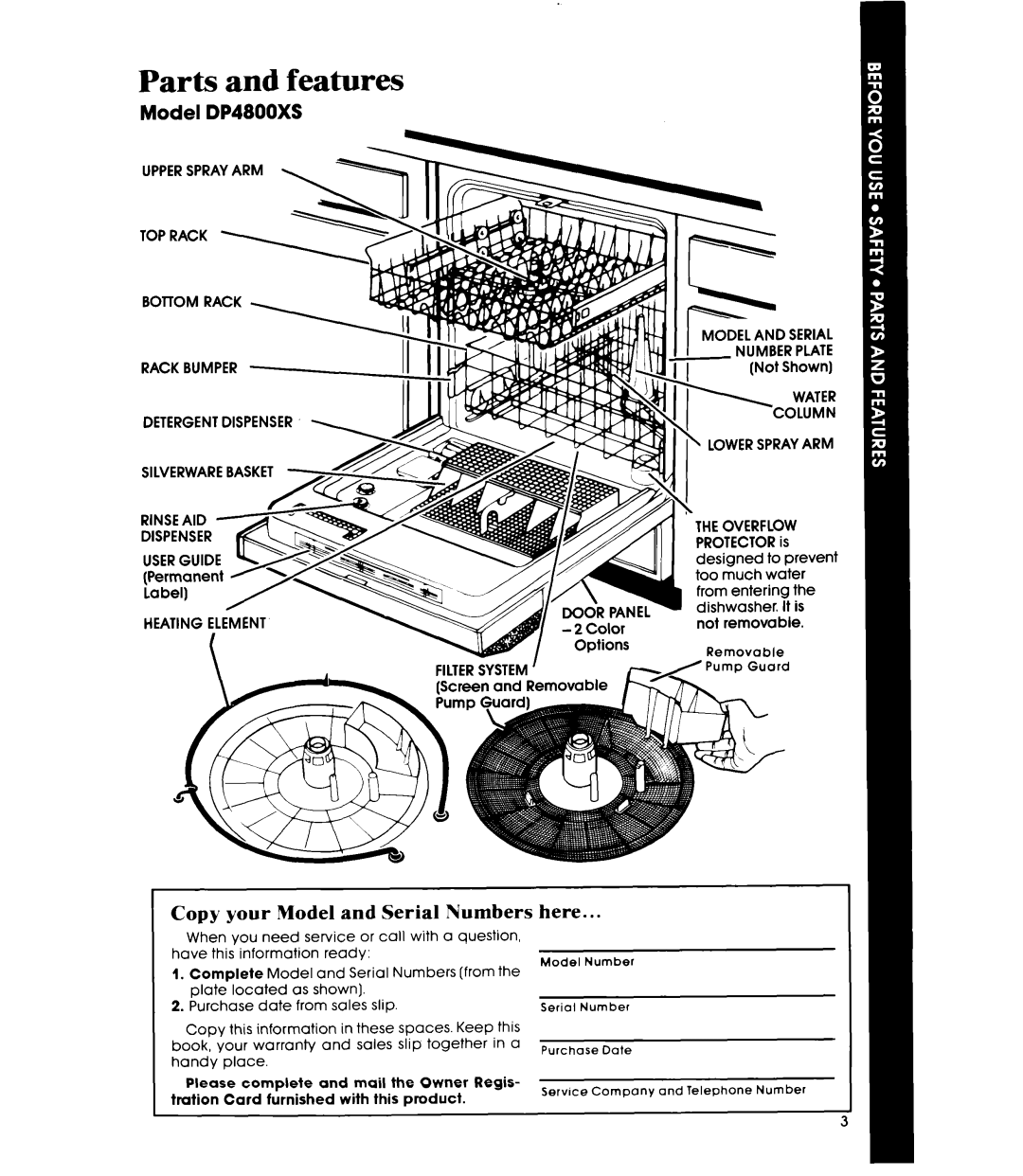 Whirlpool manual Parts and features, Model DP4800XS, Copy your Model and Serial Numbers, here 