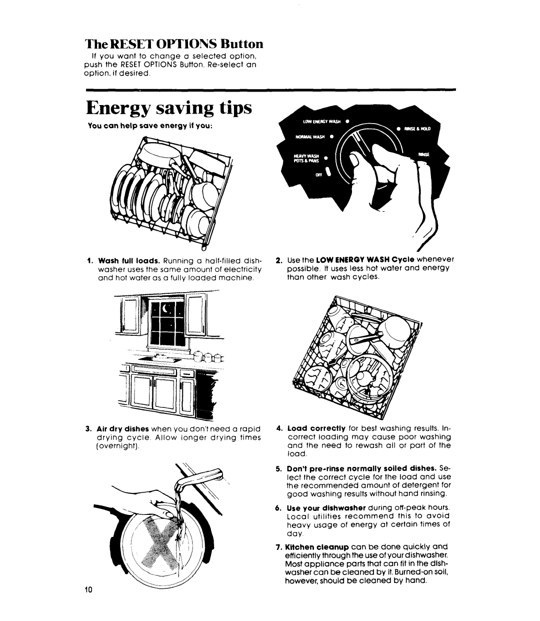 Whirlpool DP6000XR Series manual Energy saving tips, Reset Options Button 