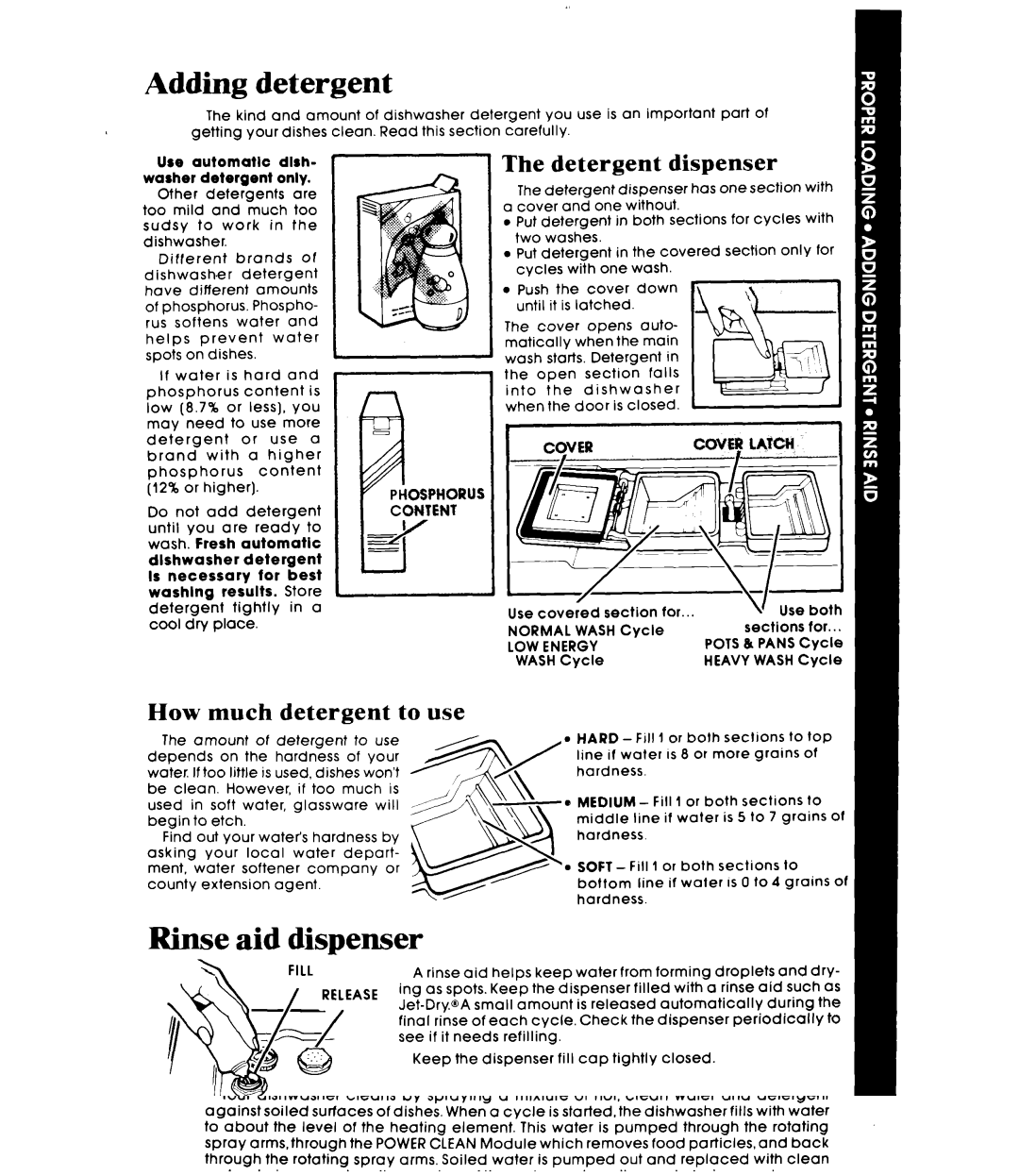 Whirlpool DP6000XR Series manual Adding detergent, Rinse aid dispenser, Detergent dispenser, How much detergent to use 