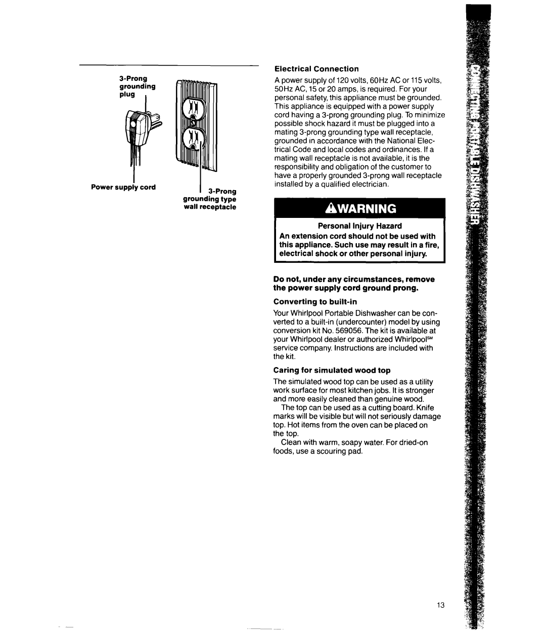 Whirlpool DP8350XV manual Prong Power supply cord Grounding 