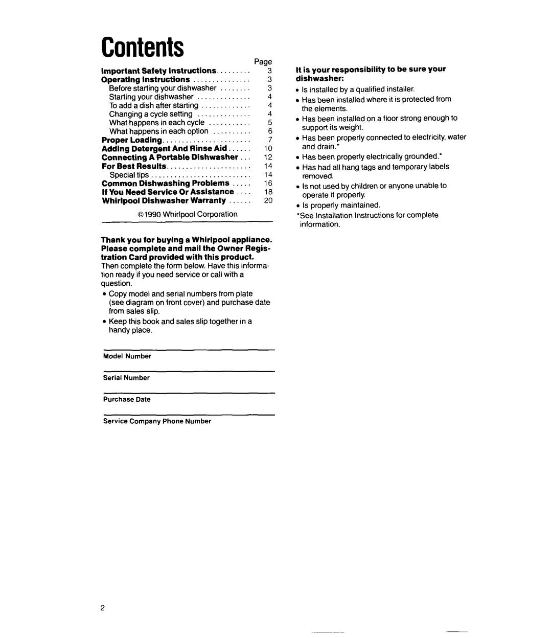 Whirlpool DP8350XV manual Contents 