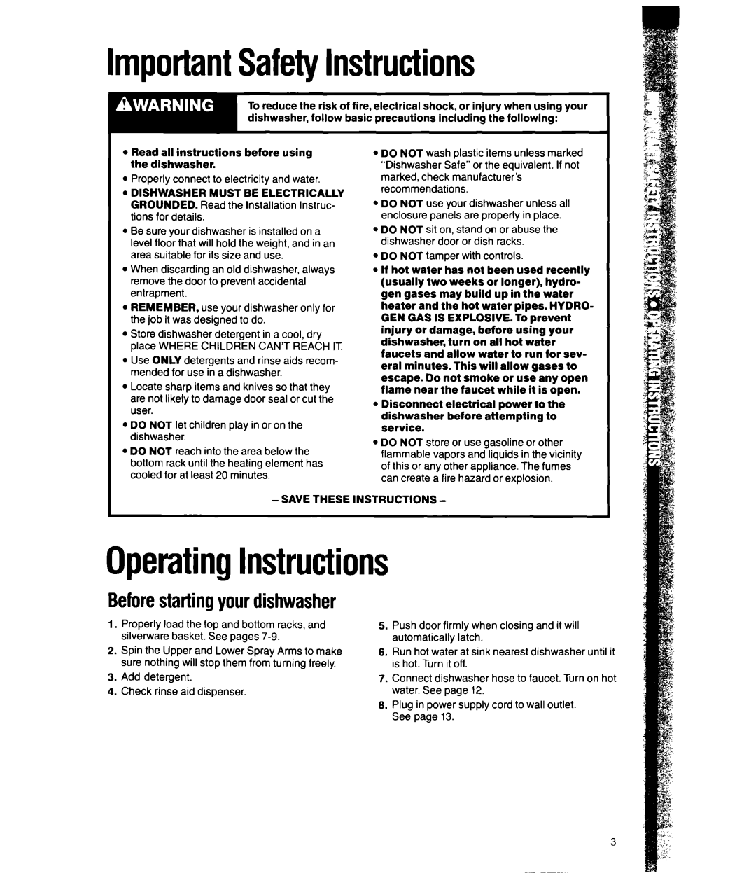 Whirlpool DP8350XV manual ImportantSafetyInstructions, OperatingInstructions, Beforestartingyour dishwasher 