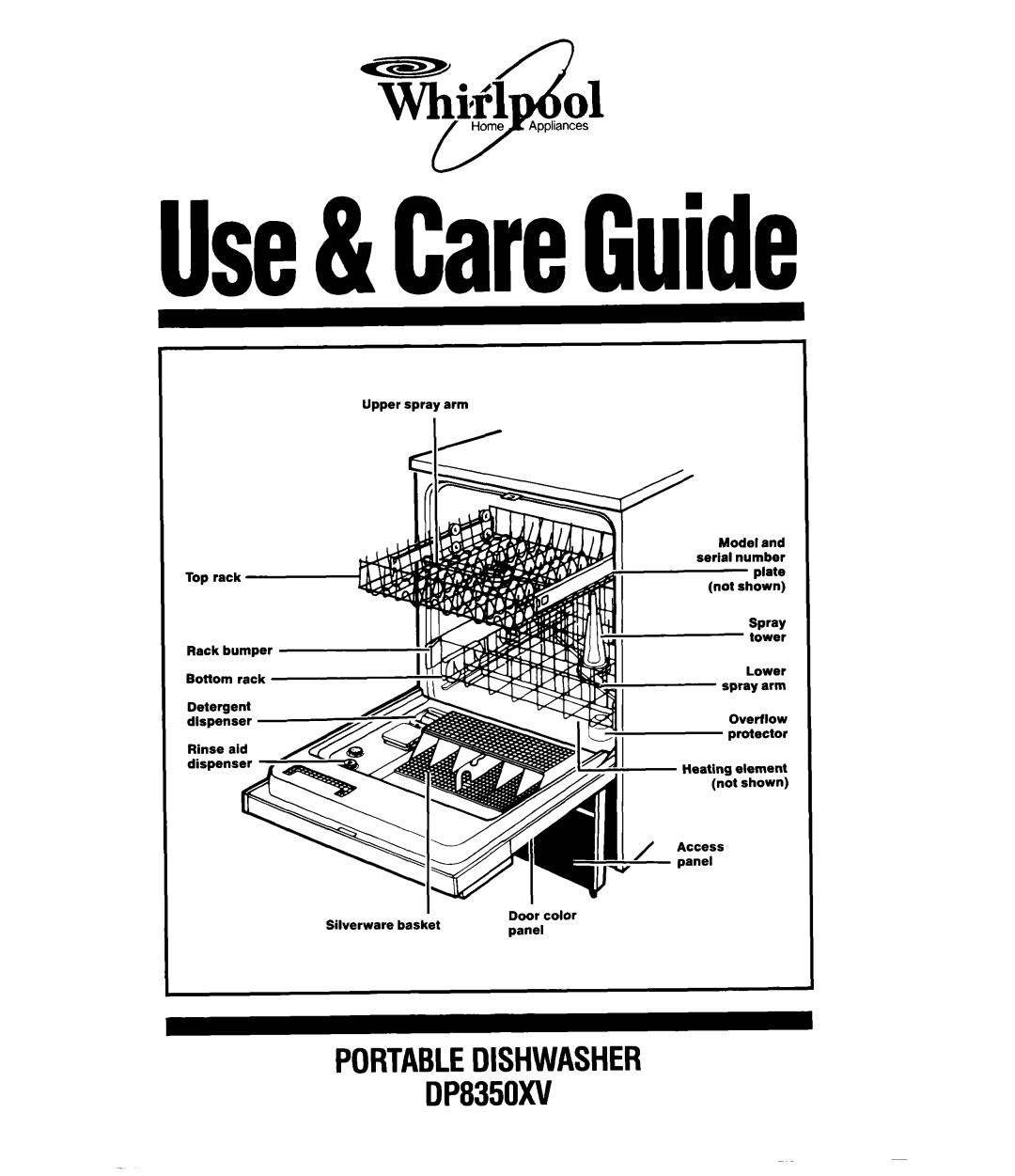 Whirlpool manual Use&CareGuide, T&f1, PORTABLEDISHWASHER DP8350XV, basket 