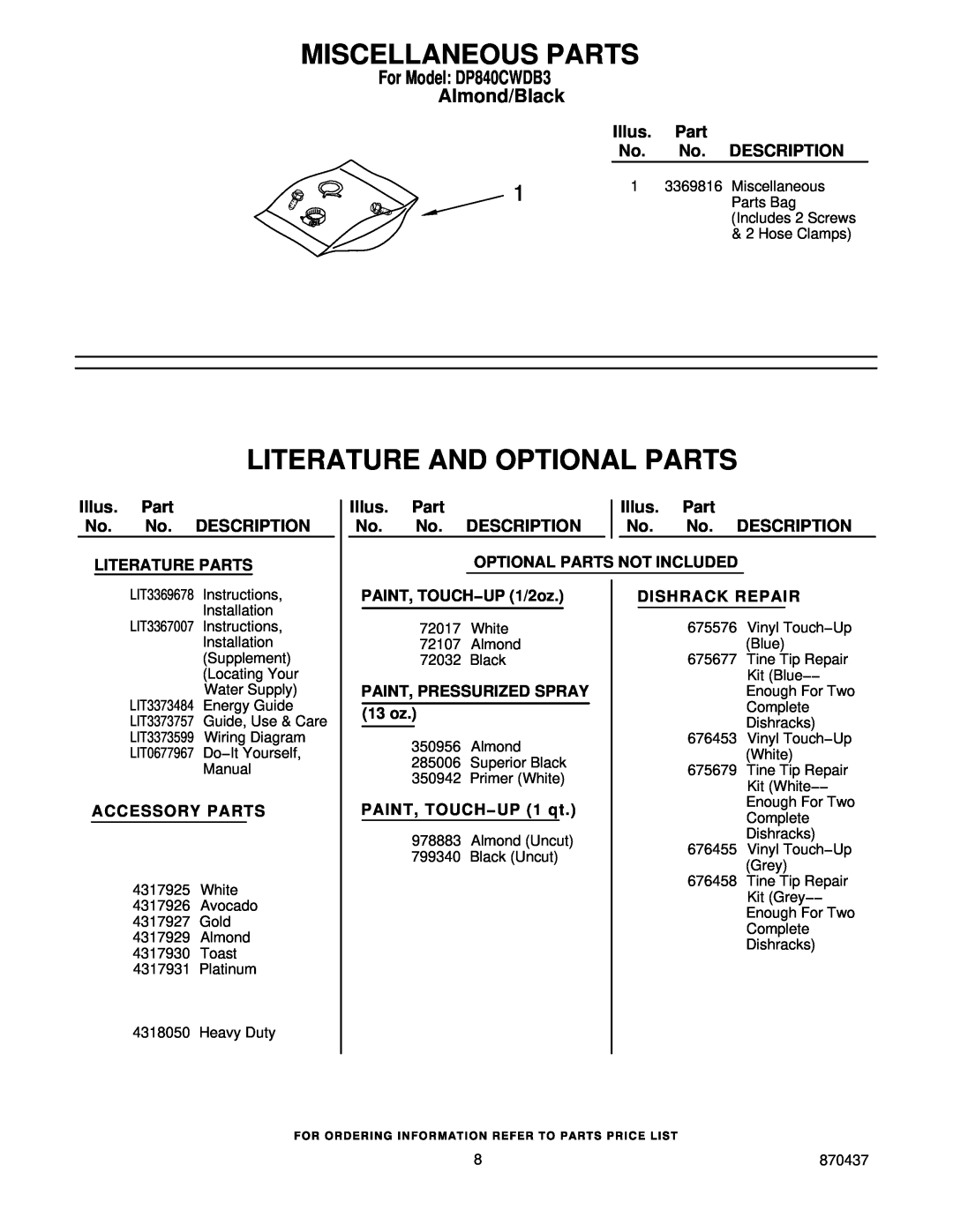 Whirlpool manual Miscellaneous Parts, Literature And Optional Parts, For Model DP840CWDB3 Almond/Black 