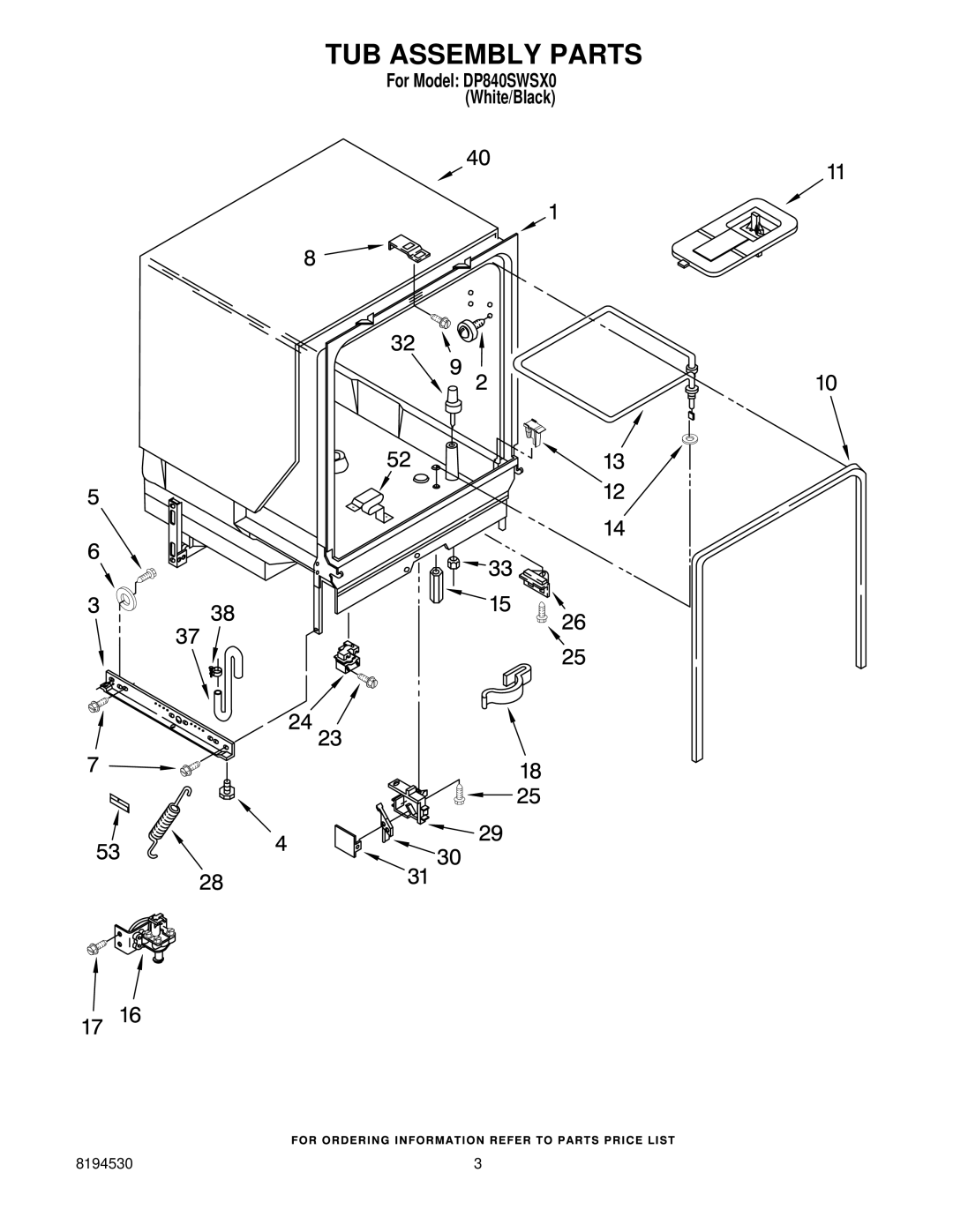 Whirlpool DP840SWSX0 manual TUB Assembly Parts 