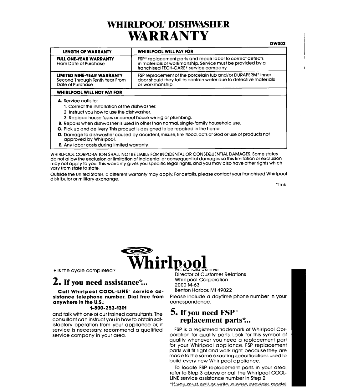 Whirlpool DP85QOXT manual Warranty 