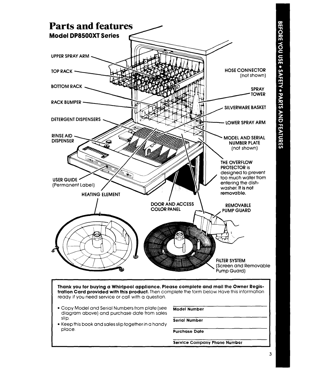 Whirlpool DP85QOXT manual Parts and features, Upperspray ARM TOP Rack, Bottom Rack Rack Bumper Detergent Dispensers 