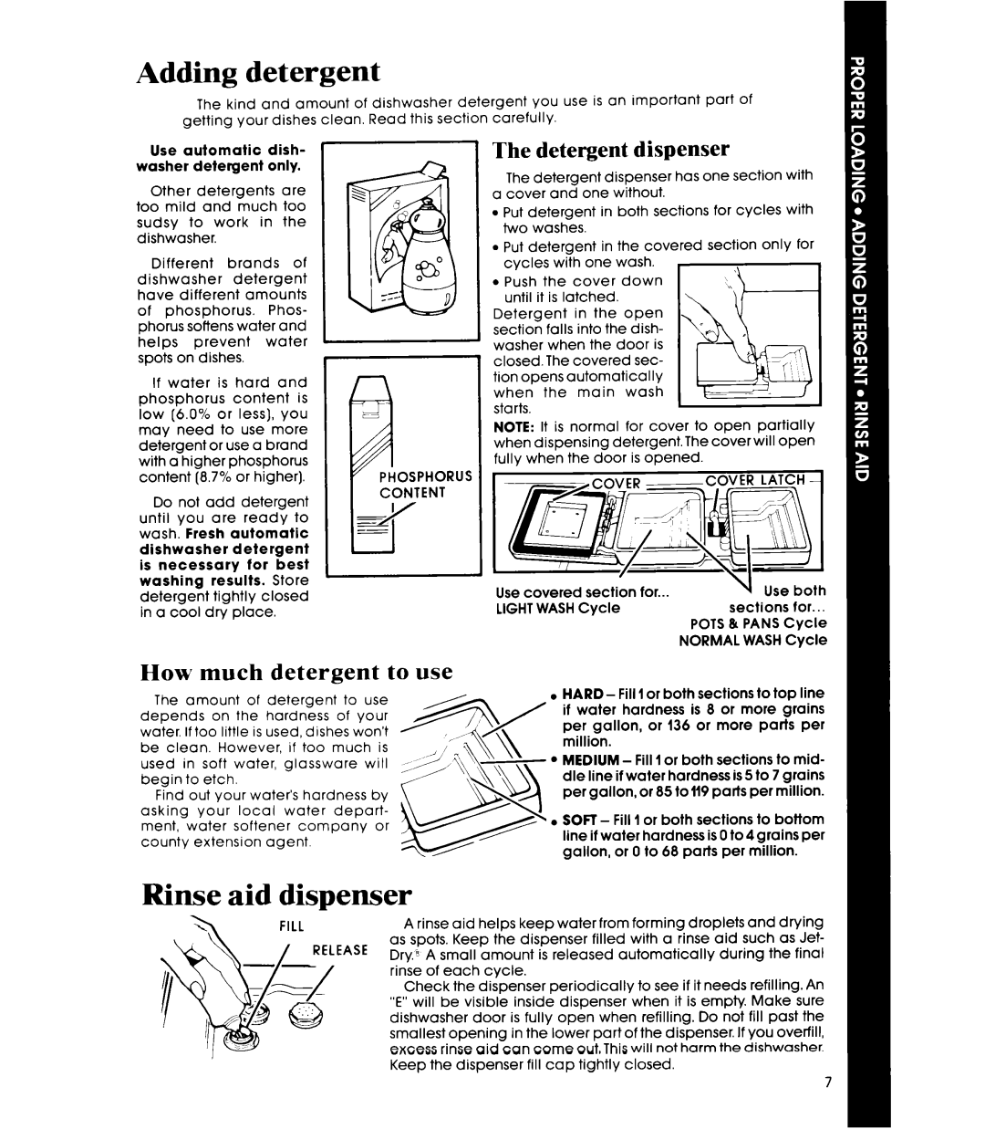 Whirlpool DP85QOXT manual Adding detergent, Rinse aid dispenser, Detergent dispenser, How much detergent to use 