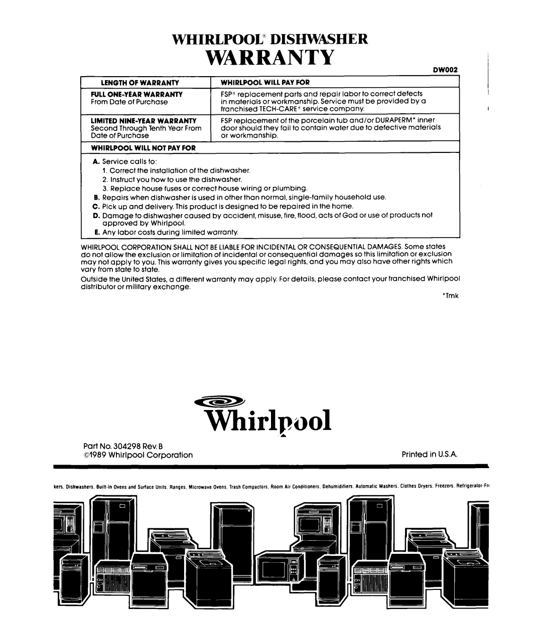 Whirlpool DP85QOXT manual Whirlpool” Diwiwasher, Warranty 