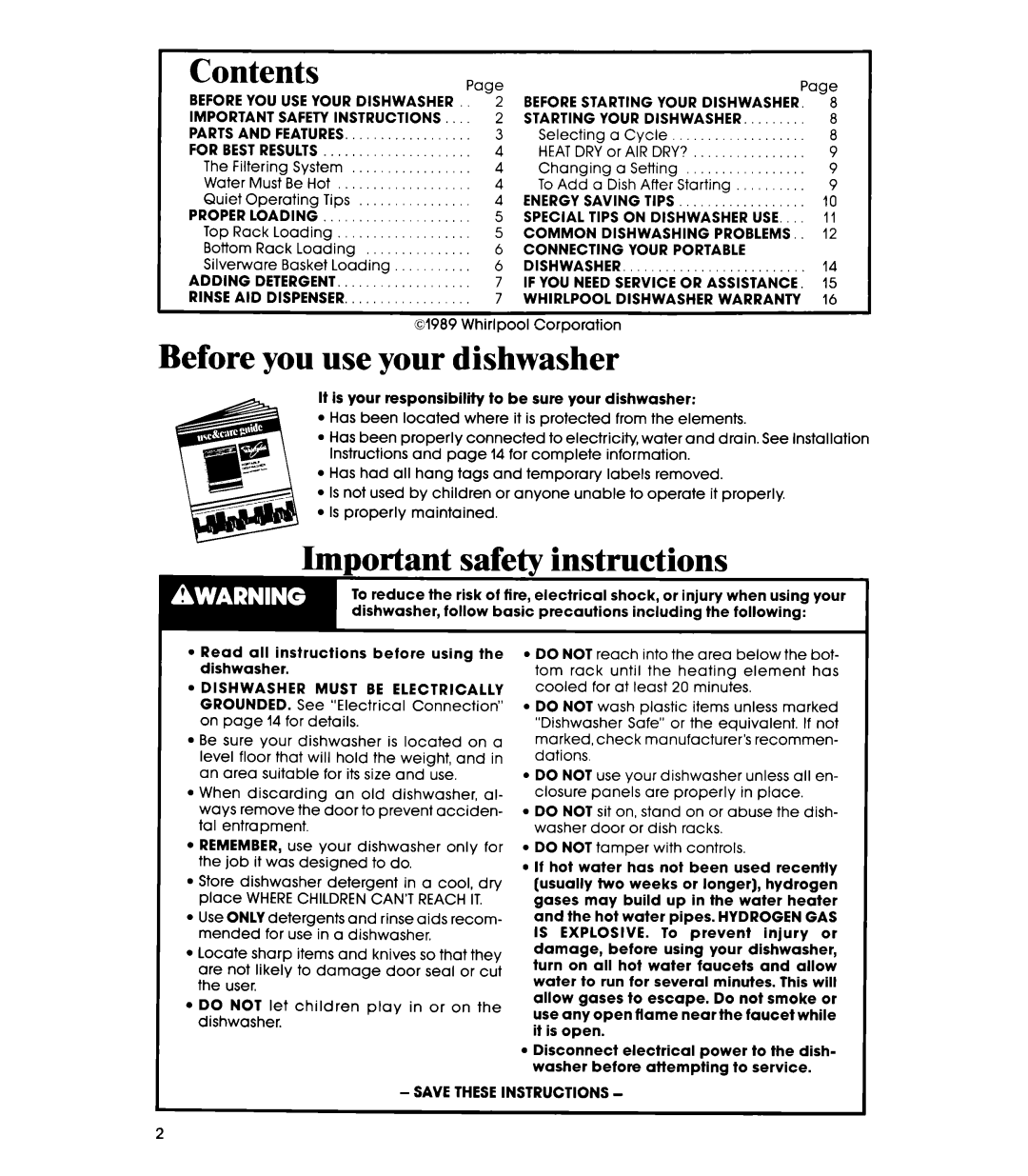 Whirlpool DP85QOXT manual Contents, Before you use your dishwasher, ImDortant safe& instructions 