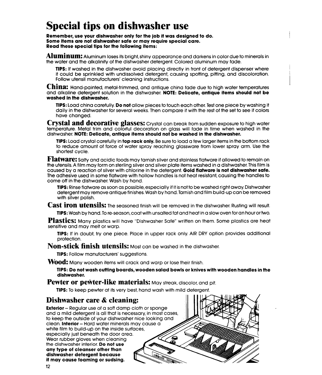 Whirlpool DP8700XT Series manual Special tips on dishwasher use, Decorative &SSeS, Dishwasher care & cleaning 