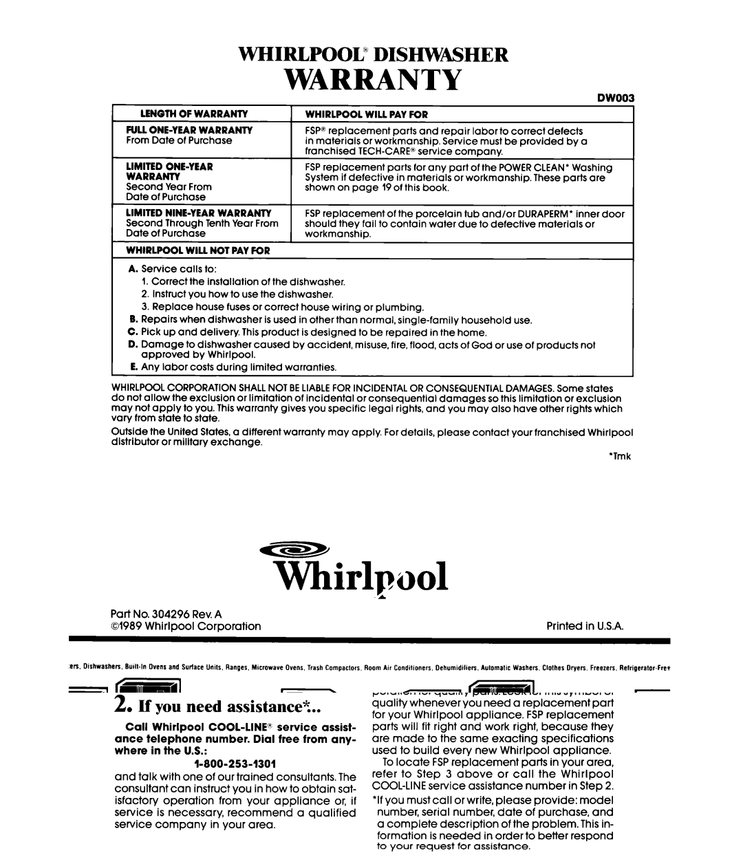 Whirlpool DP8700XT Series manual TLirlpool 