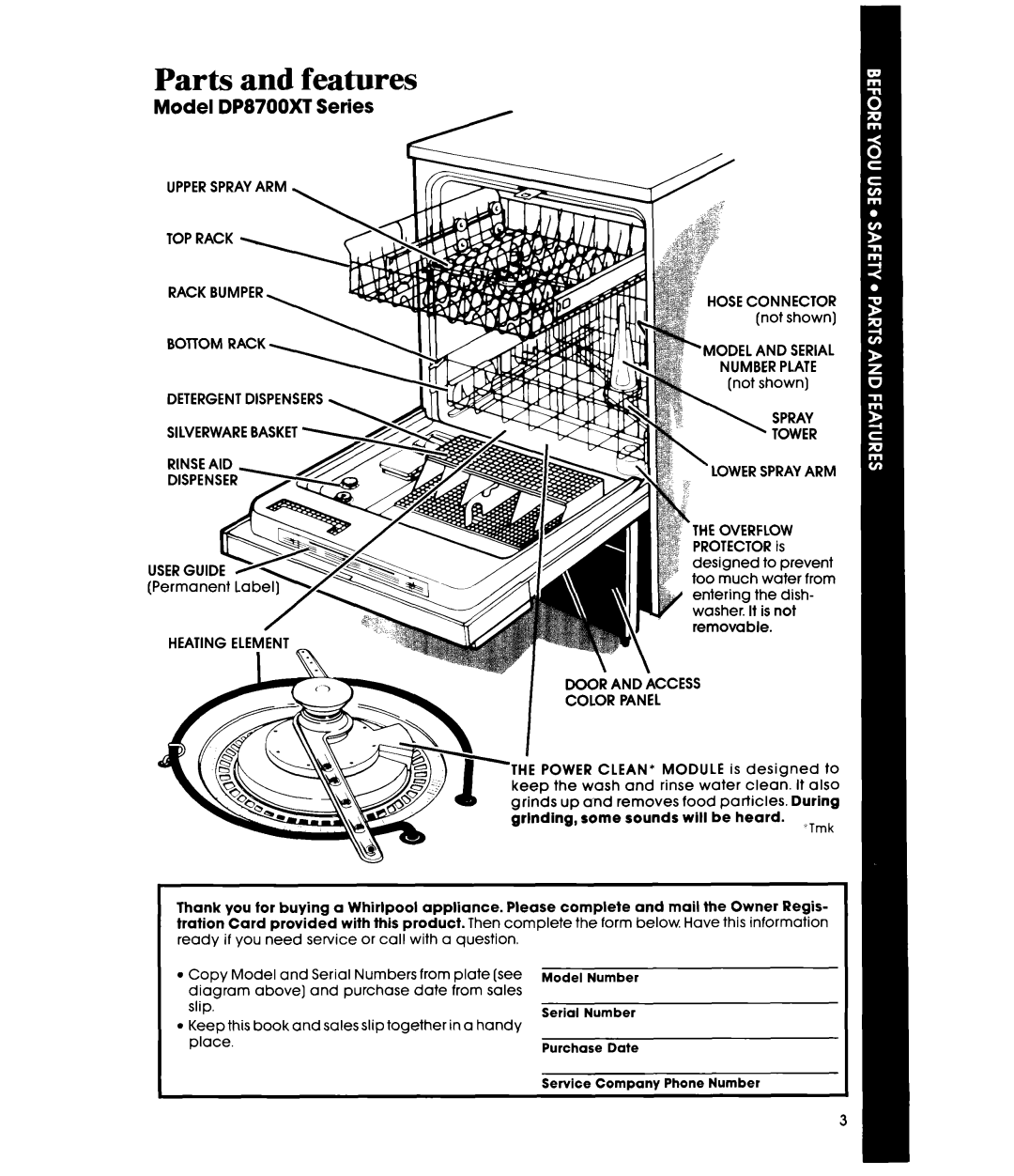 Whirlpool DP8700XT Series manual Parts and features, Heating Element, Lower Spray ARM, Door and Access Color Panel 