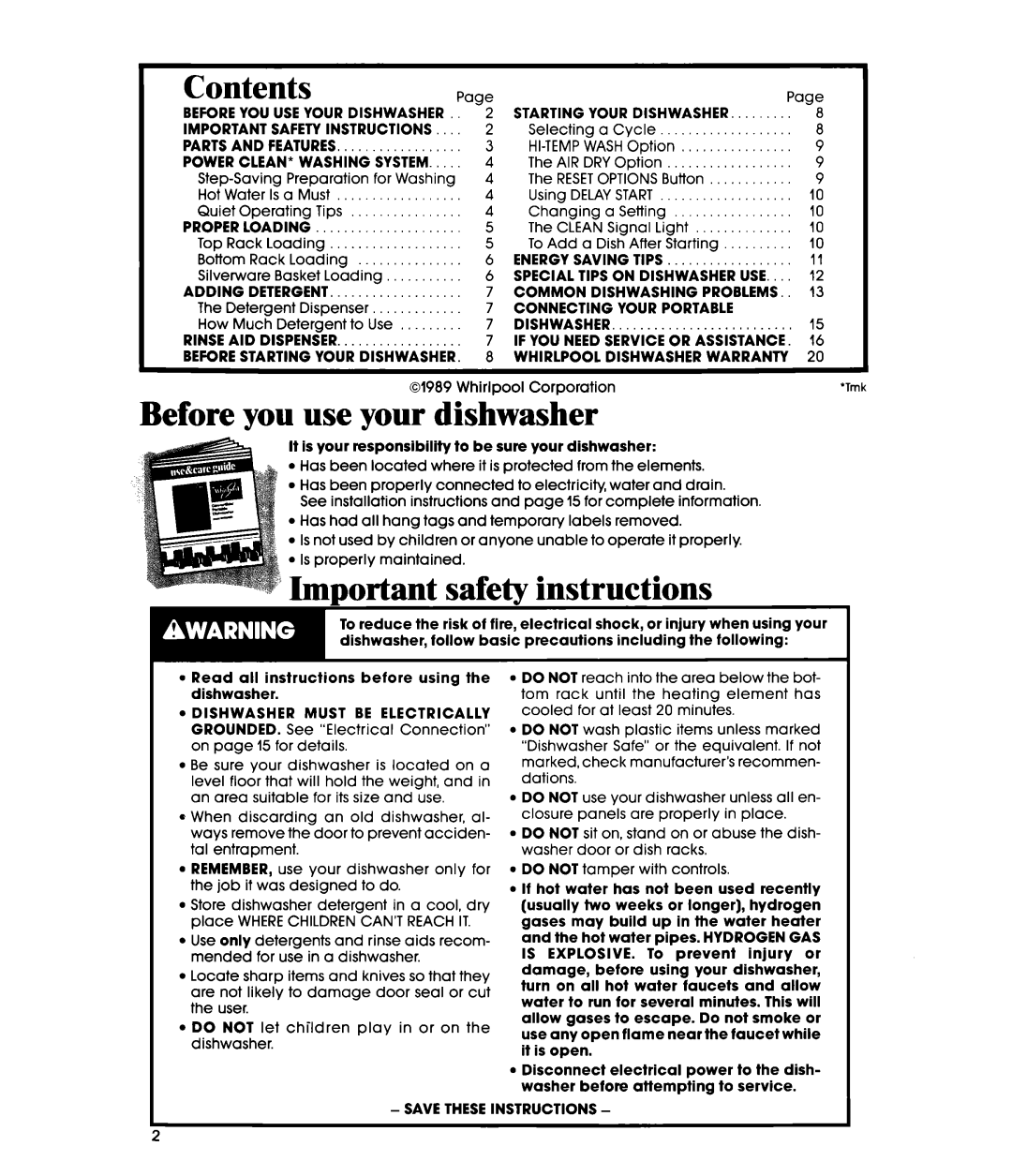 Whirlpool DP8700XT Series manual Contents, Before you use your dishwasher, ’ Important safety instructions 