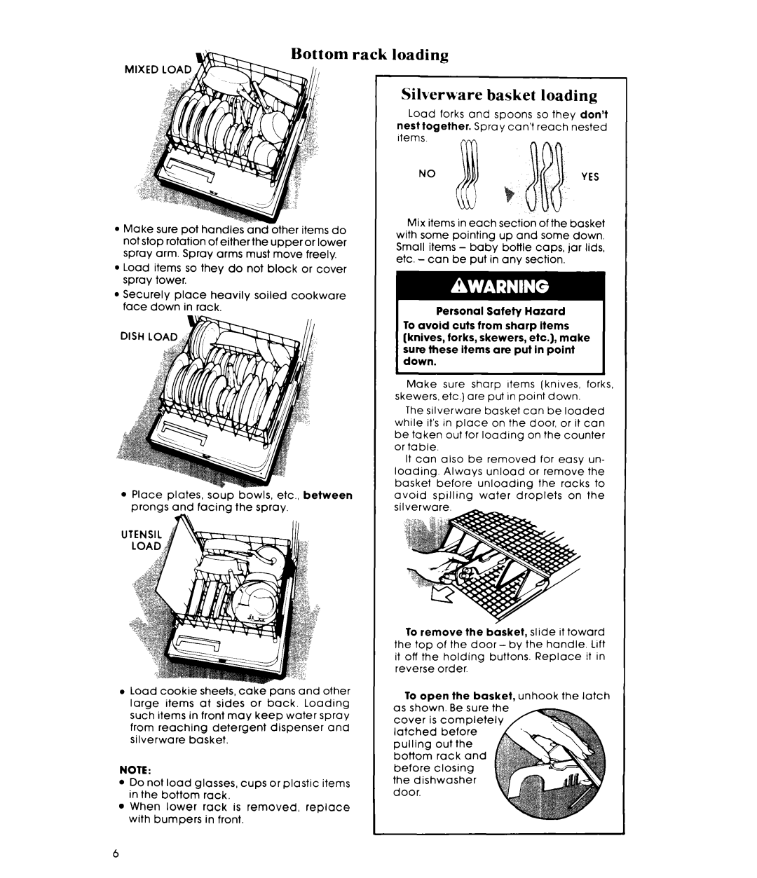 Whirlpool DP8700XT Series manual rack loading Silverware basket loading 