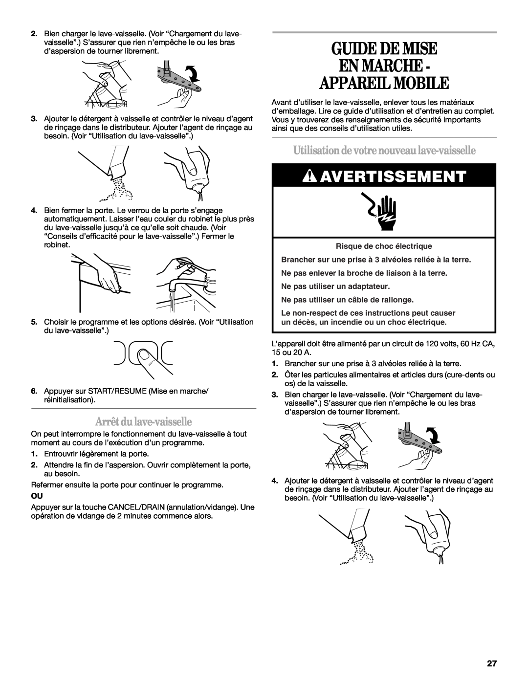 Whirlpool DP940PWS manual Guide De Mise En Marche Appareil Mobile, Arrêtdu lave-vaisselle, Avertissement 