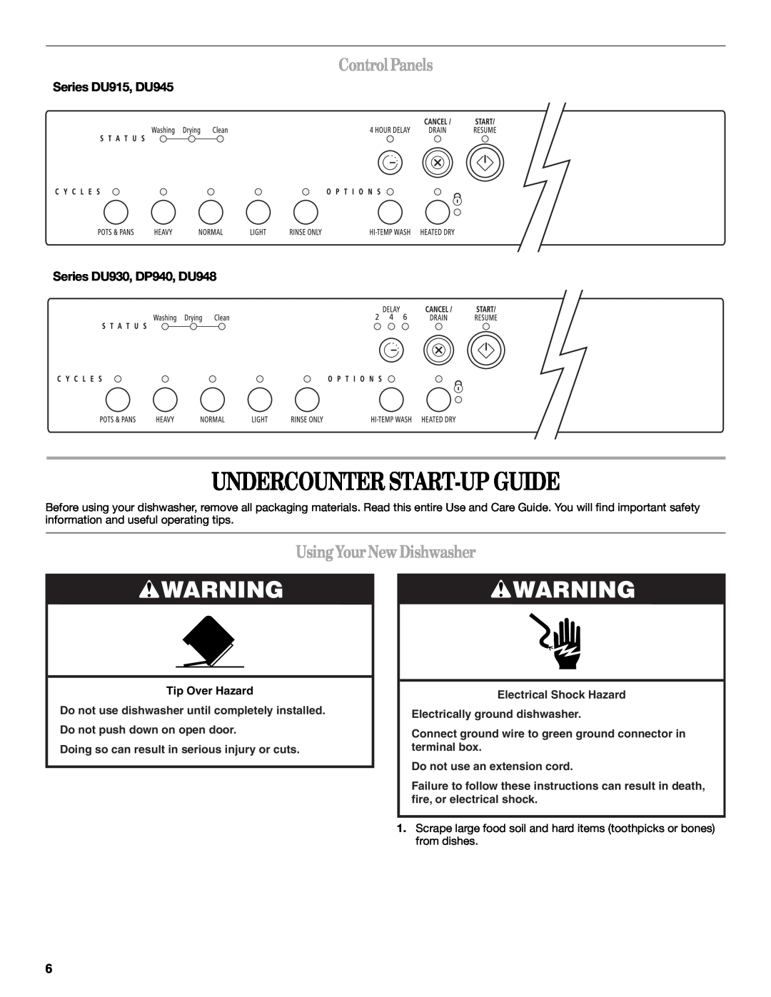 Whirlpool DP940PWS manual Undercounter Start-Up Guide, ControlPanels, UsingYourNew Dishwasher 