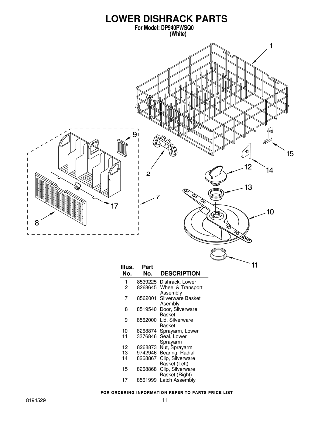 Whirlpool DP940PWSQ0 manual Lower Dishrack Parts 