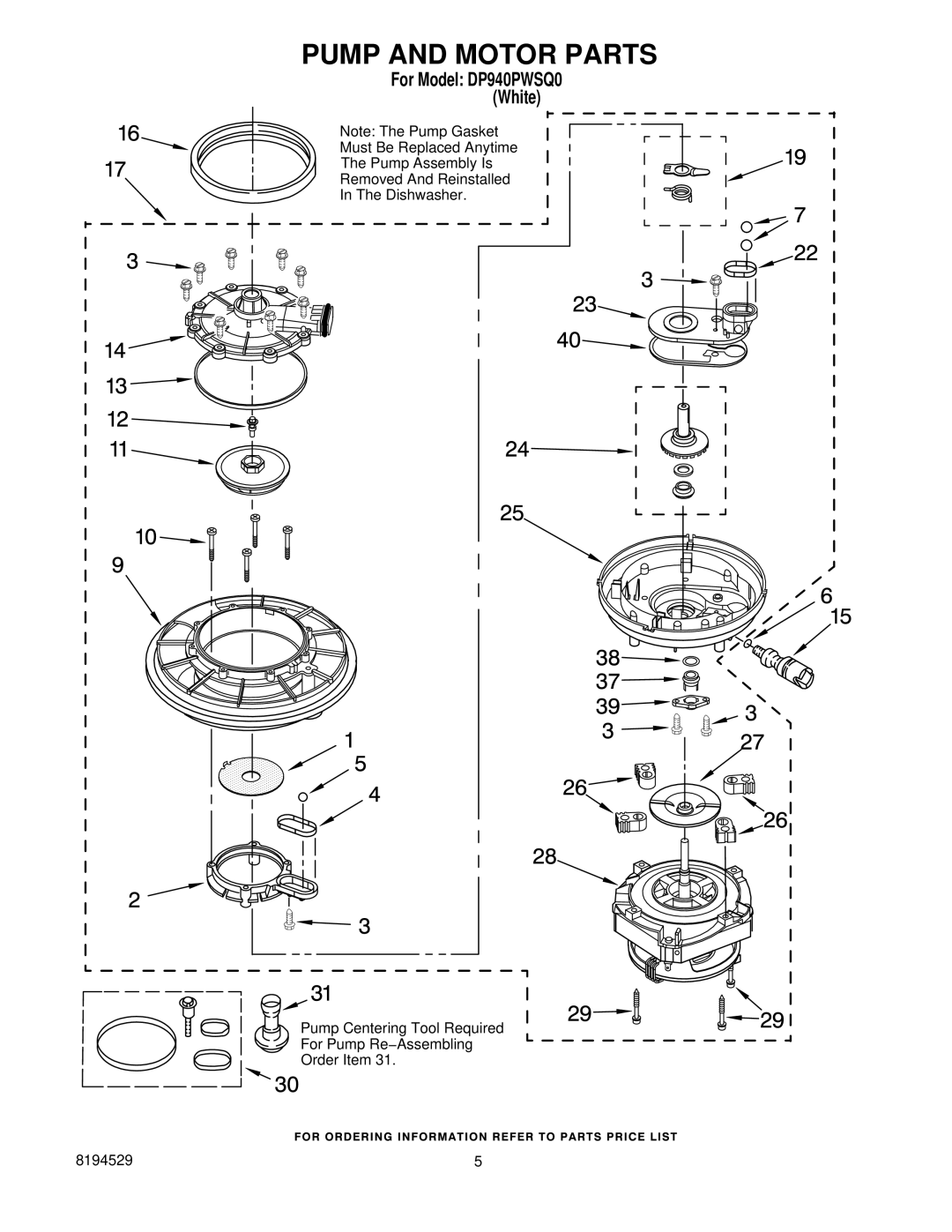 Whirlpool DP940PWSQ0 manual Pump and Motor Parts 