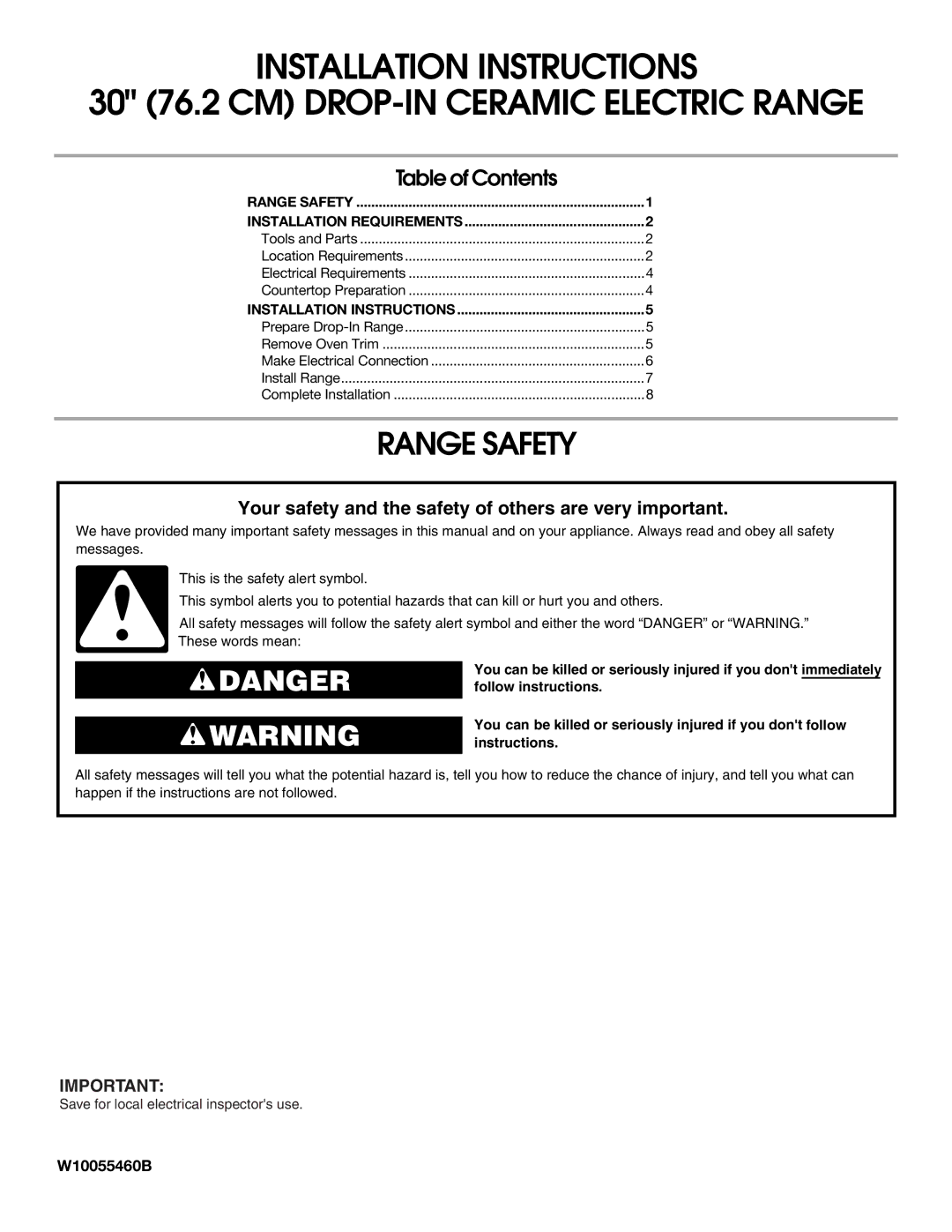 Whirlpool Drop-In Ceramic Electric Range installation instructions Range Safety, Table of Contents 