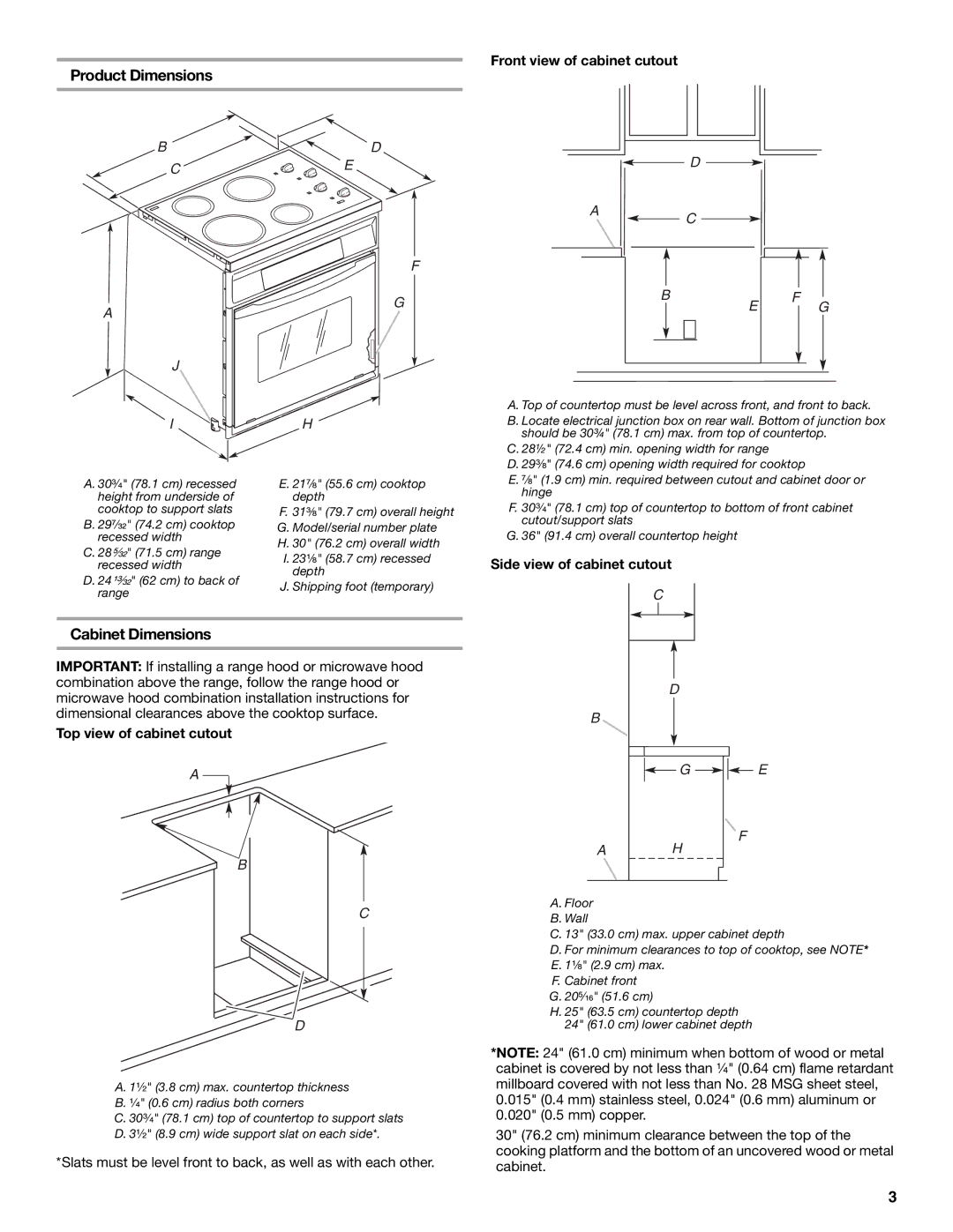 Whirlpool Drop-In Ceramic Electric Range Product Dimensions, Cabinet Dimensions, Front view of cabinet cutout 