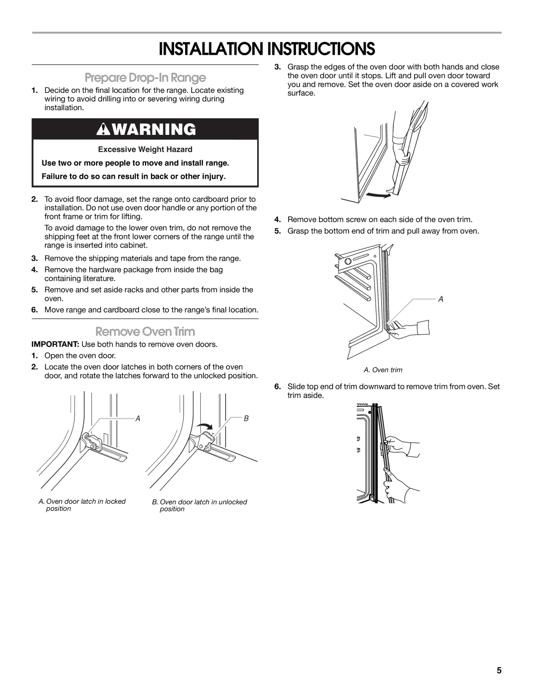 Whirlpool Drop-In Ceramic Electric Range Installation Instructions, Prepare Drop-In Range, Remove Oven Trim 