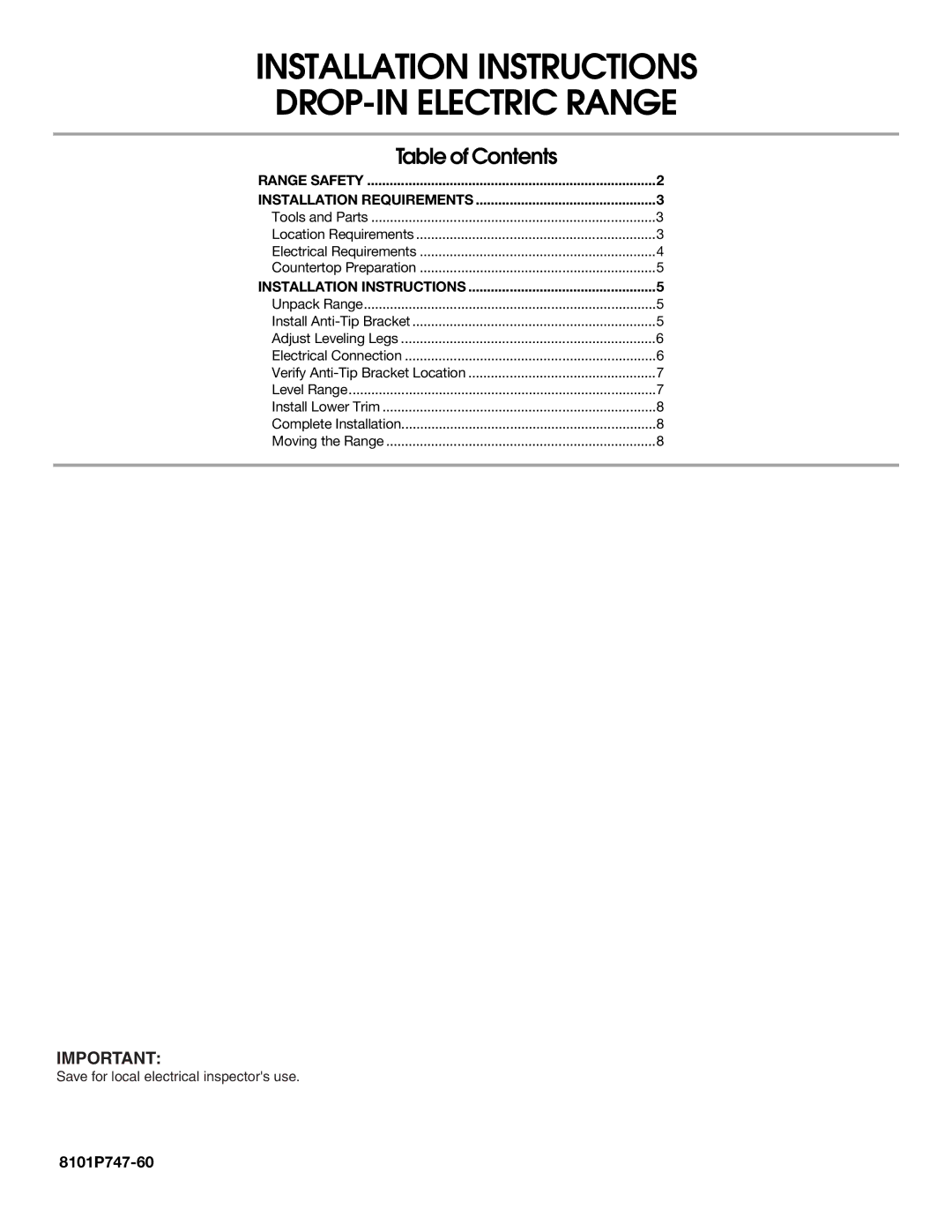 Whirlpool Drop-In Electric Range installation instructions Installation Instructions DROP-IN Electric Range 