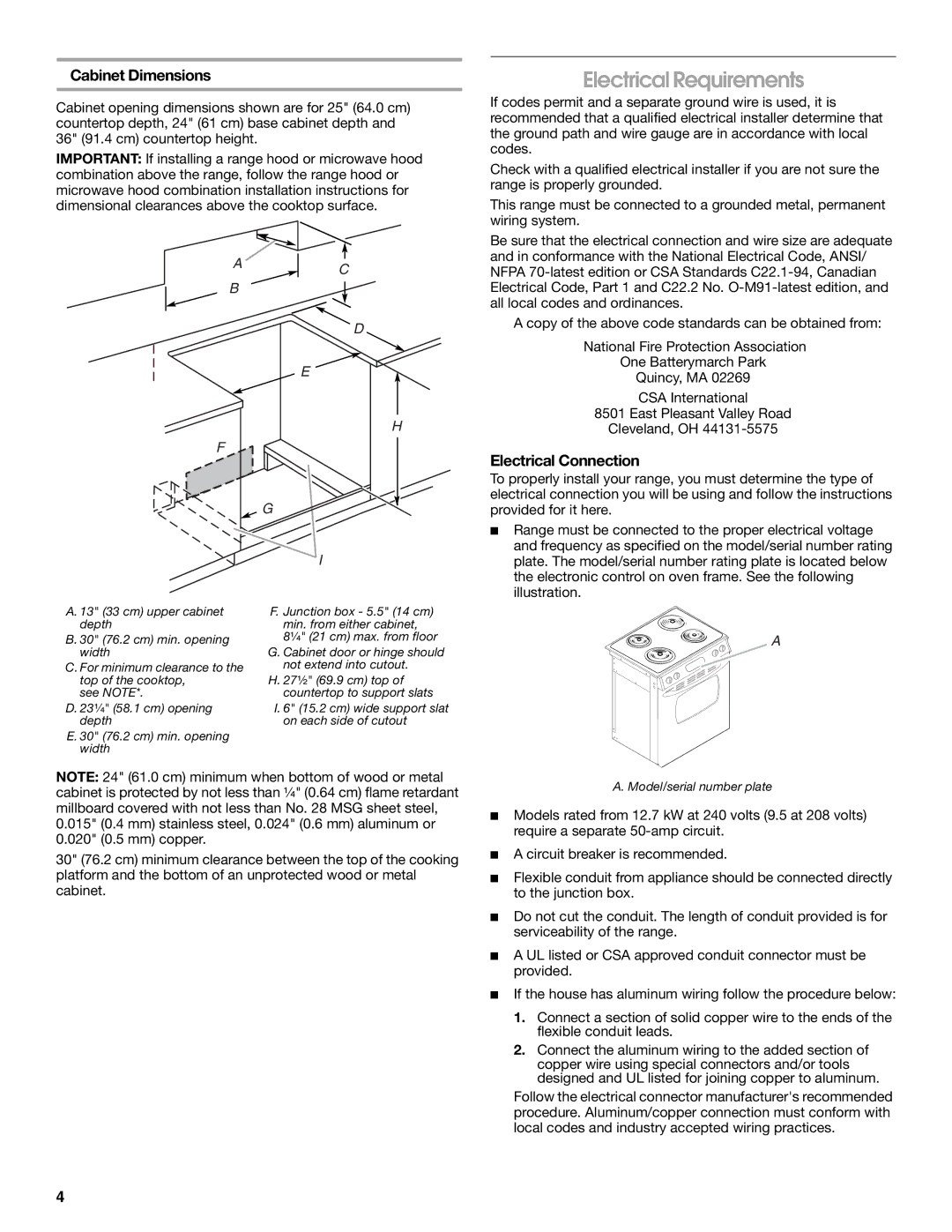 Whirlpool Drop-In Electric Range Electrical Requirements, Cabinet Dimensions, Electrical Connection 