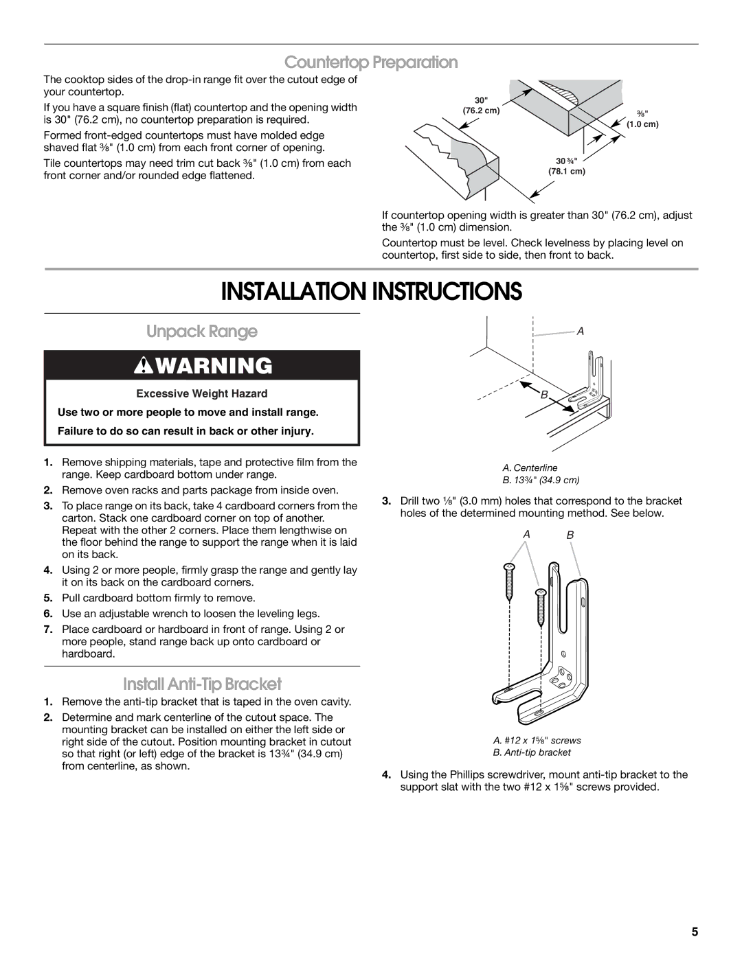 Whirlpool Drop-In Electric Range Installation Instructions, Countertop Preparation, Unpack Range, Install Anti-Tip Bracket 